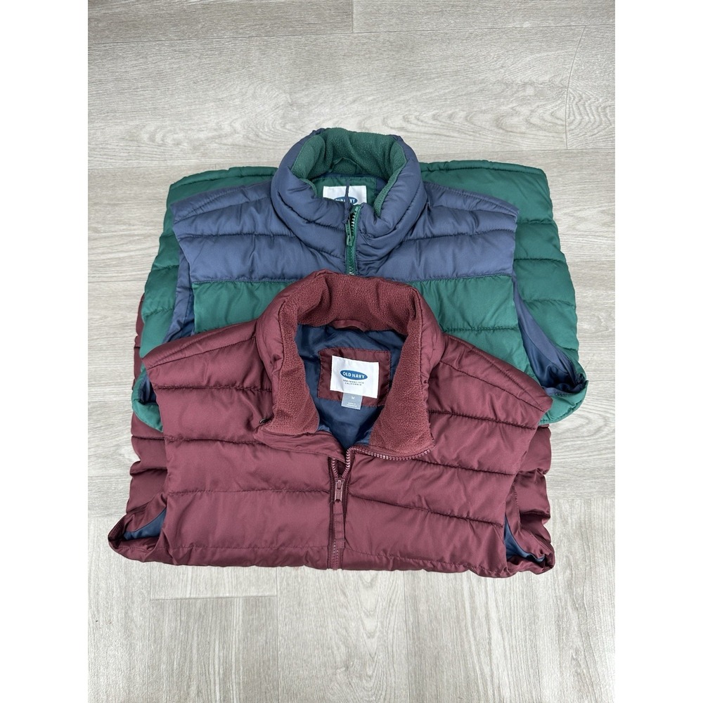 Lot of 2 Old Navy Puffer Vest Men's Medium Green Blue Burgundy Full Zip - Picture 1 of 8